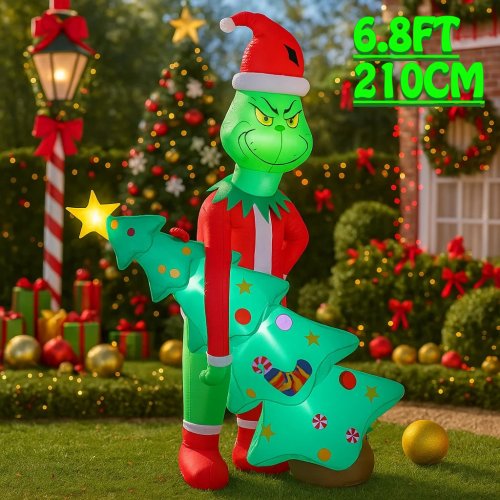 Immagine di Grinch Gonfiabile da 2,1 Metri con Albero di Natale e Luci LED – Decorazione Natalizia Esterna per Casa, Giardino e Feste