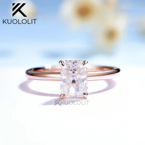 Immagine di Kuololit Anello Moissanite Radiant per Donna Soild 18K 14K Oro Rosa Nascondere Halo Gioielli da Sposa per Fidanzamento Regali di Natale