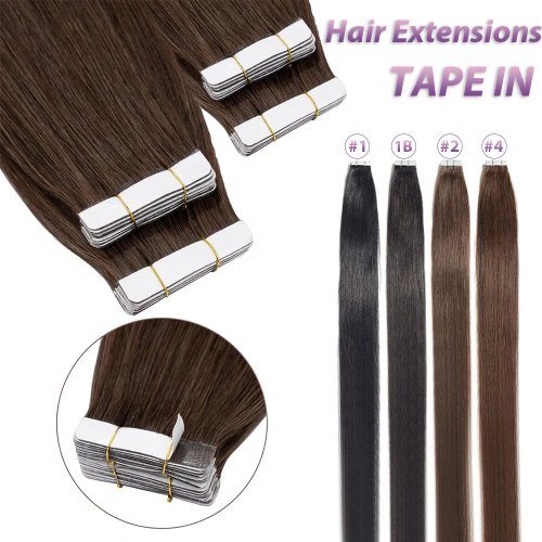 Image of Silky Straight Natural Brown Human Hair Tape-In Extensions – Invisible, 100% Real Hair, Seamless Blend for Fuller Hair