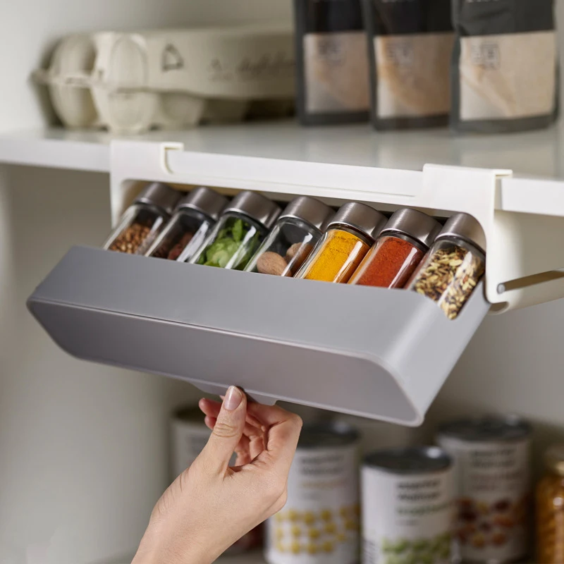 Image of Wall-Mounted Self-Adhesive Spice Rack with Under-Shelf Organizer for Kitchen Seasoning Bottles and Spices