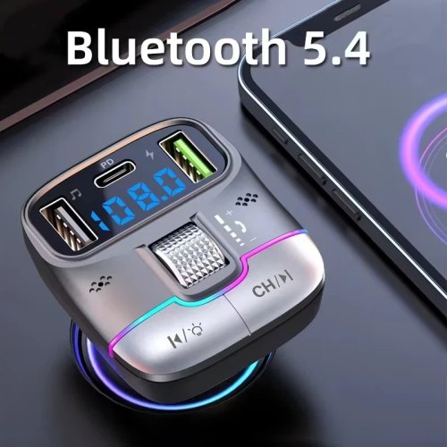 Immagine di Trasmettitore FM Bluetooth 5.4 con Modulatore Radio per Auto, Lettore MP3, Vivavoce Integrato e Adattatore di Ricarica Rapida USB-C