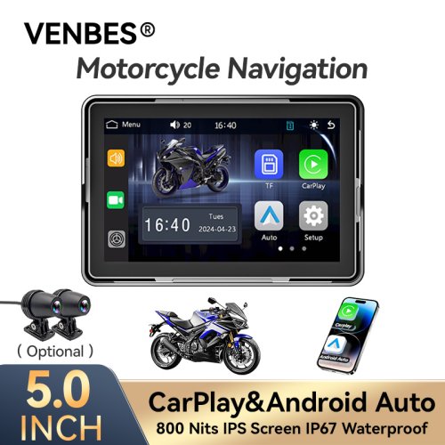 Afbeelding van Venbes 5-inch Waterdichte Motorfiets Navigatie met CarPlay, Android Auto, GPS, Bluetooth 5.0 en DVR – Draagbare Motoraccessoire met IP67 Bescherming