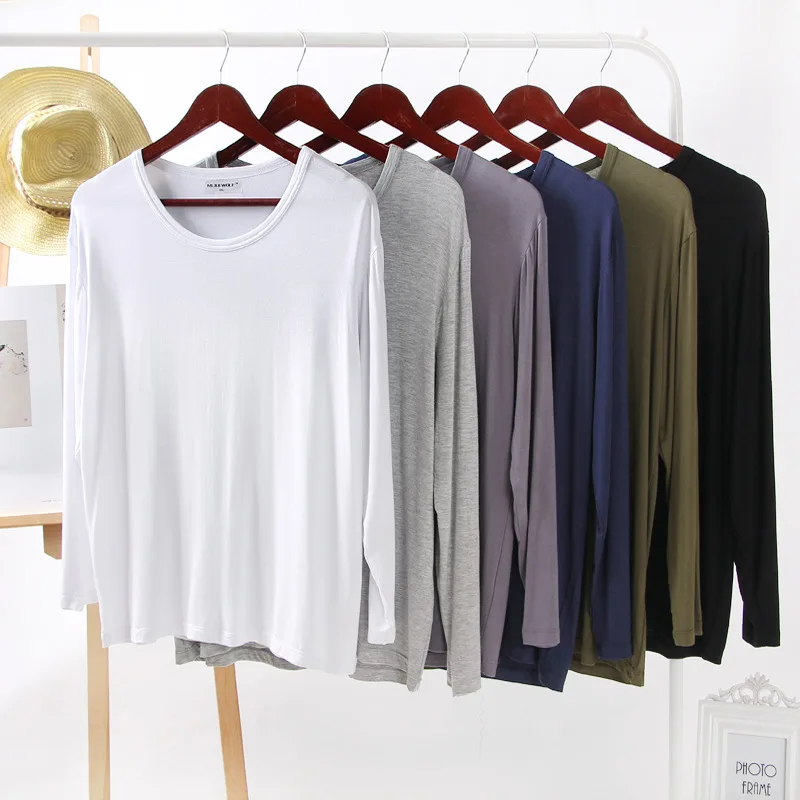 Image of Men's Comfortable Round Neck Long Sleeve Pajama Top - Loose Fit Solid Color Casual Sleepwear for Home and Relaxation