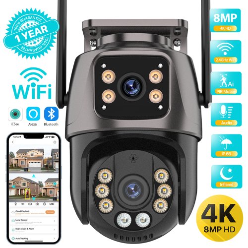Afbeelding van 4K 8MP HD WiFi PTZ-camera Buiten met Dubbele Lens, Dubbele Scherm, AI Auto-tracking, IP-camera CCTV met Audio- en Video-opname, P2P, ICSEE