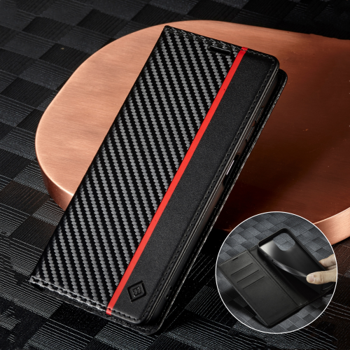 Bild von Kohlefaser-PU-Lederhülle mit Kartenfach und Flip-Design für iPhone 15, 16 Pro, 14, 13, 12, 11, XS Max, 16e, XR, 8, 7 Plus, SE und Mini – Eleganter Wallet-Schutz mit Magnetverschluss