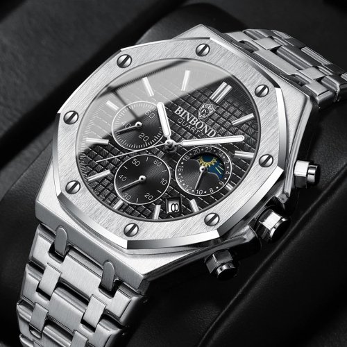 Imagen de Reloj de Pulsera para Hombre Binbond B0161, Modelo de Lujo con Correa de Acero Inoxidable, Luminoso, Resistente al Agua y con Función de Calendario y Fecha