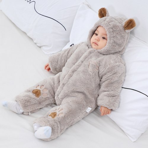 Image of Cozy Winter Baby Romper with Adorable Ears – Thick Cotton Hooded Bodysuit for Newborns and Toddlers, Soft Cartoon-Style Jumpsuit for Boys and Girls (0-24 Months)