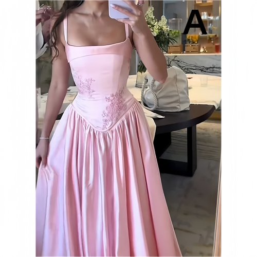 Afbeelding van Aanpasbare Roze Bloemen Borduur Jurk met Spaghetti Bandjes en Plooien – Elegante Bruidsmeisjesjurk en Bruiloft Gastjurk van Katoen met Lace-Up Detail