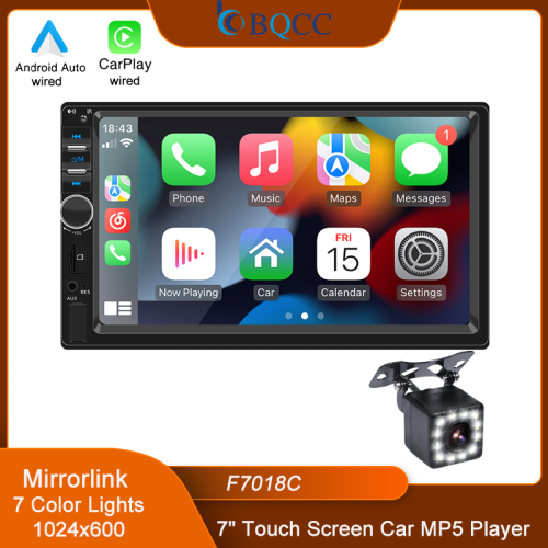 Bild von BQCC F7018C 7-Zoll 2-DIN Autoradio mit Android Auto, Apple CarPlay, MirrorLink, Bluetooth, FM, AUX und farbigen LED-Lichtern – Modernes MP5-Autospeler für Ihr Fahrzeug
