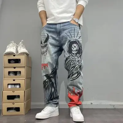 Image de Jeans Homme Baggy Imprimé Flammes & Crâne - Style Techwear Hip Hop