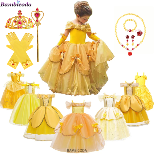 Imagen de Vestido de Princesa Bella para Niñas - Disfraz de La Bella y la Bestia con Corona y Palo Mágico, Ideal para Fiestas y Cosplay (3-12 años)