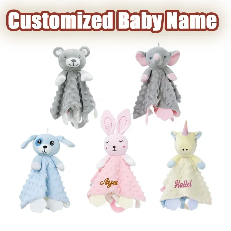 Image of Personalized Baby Security Blanket with Teether Plush Toy – Custom Stuffed Bunny & Elephant Comforter for Soothing Newborns and Infants