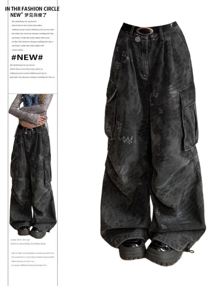 Afbeelding van Gothic Dark Academia Jeans voor Vrouwen – Y2K Baggy Denim Cargo Broek