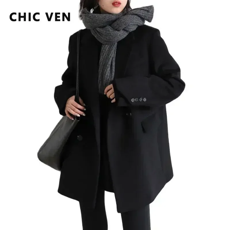 Imagen de Abrigo de Mezcla de Lana para Mujer, Blazer Medio Largo, Blusa Gruesa y Cálida, Chaqueta Elegante para Oficina, Otoño e Invierno