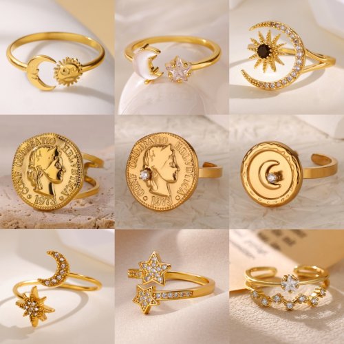 Image of Vintage Ancient Greek Arethusa Goddess Coin Ring with Imitation Pearl and Zircon Moon Design in Stainless Steel for Women