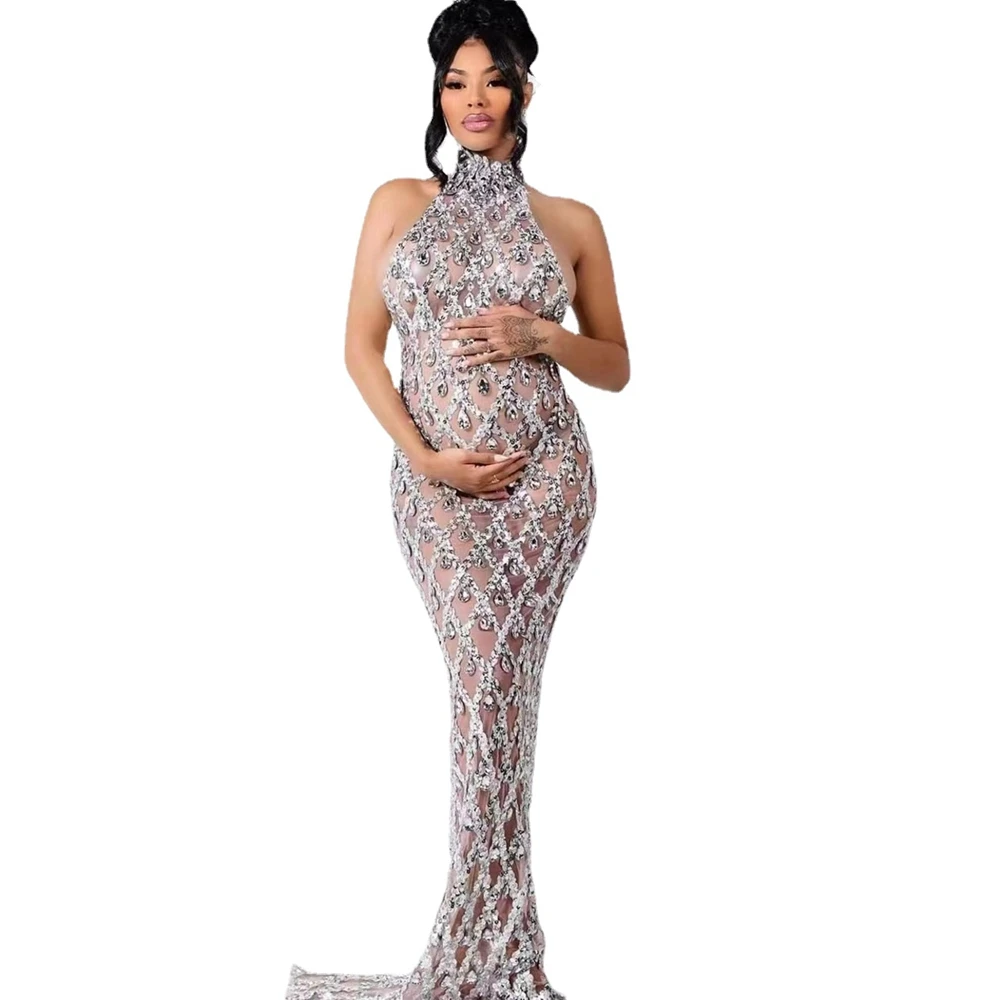 Image of Elegant Sparkly Silver Sequin Sleeveless Mesh Gown for Evening, Wedding, Prom, Birthday, and Stage Events