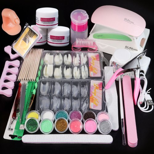 Image of Natural Nail Art Kit with Acrylic Powder, Monomer Liquid, Crystal Glitter, 3D Tips & Carving Tools for Professional Manicure at Home