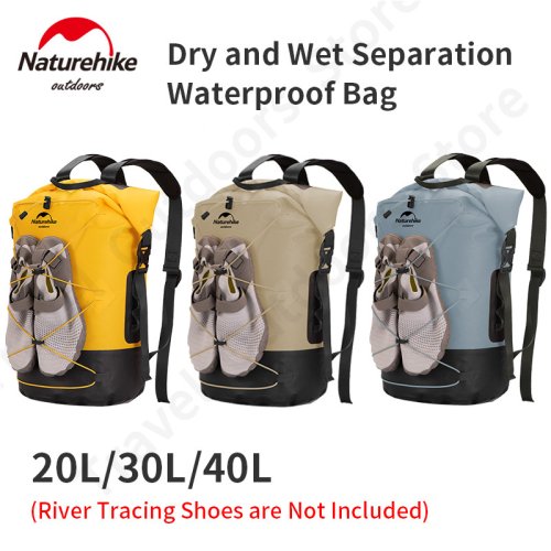 Immagine di Zaino Impermeabile Naturehike da 20, 30 o 40 Litri con Scomparto Asciutto e Bagnato – Leggero 430g, Resistente all'Acqua IPX6, TPU, Ideale per Campeggio e Escursioni all'Aperto