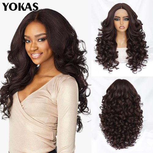 Image of 24 Inch Synthetic Lace Front Wig for Black Women – Curly Afro Style, Chocolate Brown, Natural Looking Hairpiece with Full Parting and Heat-Resistant Fibers