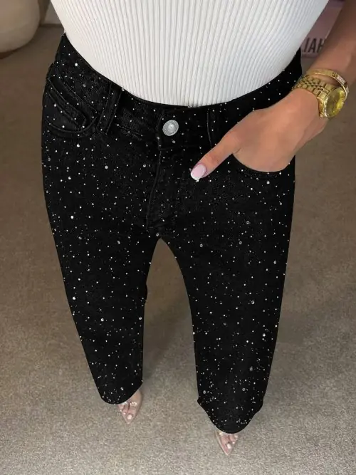 Image de Pantalon Jean Strass Élégant Taille Haute