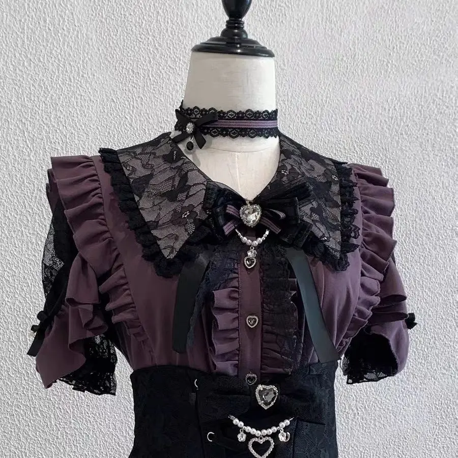 Zdjęcie Koszula damska w stylu vintage lolita z koronką – nowa, japońska, słodka, dopasowana, codzienna, basic, gładka, koreańska bluzka szykowna