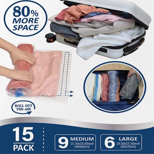 Imagen de Bolsas de Almacenamiento Enrollables para Ahorrar Espacio en Viajes, Equipaje, Ropa y Cruceros – Organizador de Embalaje Práctico para el Hogar