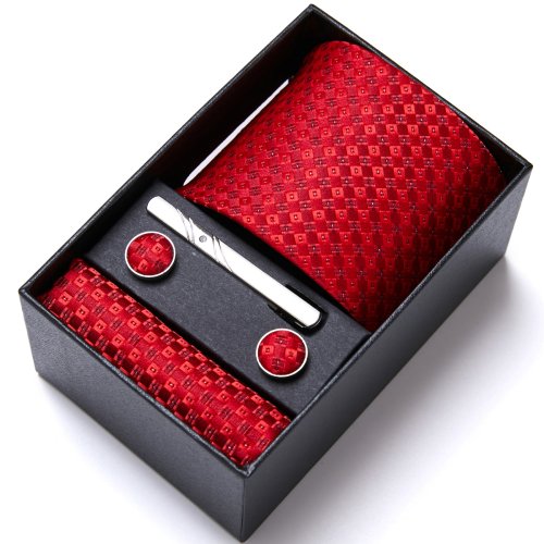 Immagine di Set Completo Cravatta Uomo Rosso con Fazzoletto da Taschino, Gemelli e Scatola Regalo – Accessori Eleganti per Sposo e Occasioni Speciali