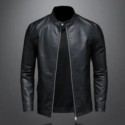 Image de Veste en Cuir Homme Col Montant - Style Moto