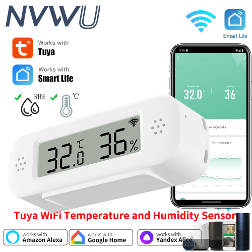 Zdjęcie Tuya WiFi Mini Temperatura Wilgotność Dla Inteligentnego Domu Termometr Higrometr APP Zdalny Alarm Współpracuje z Google Home Yandex Alexa