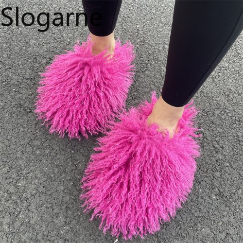 Image of Luxury Women's Autumn Winter Faux Mongolian Fur Slippers - Soft Fluffy Plush Indoor Slides for Cozy Home Comfort