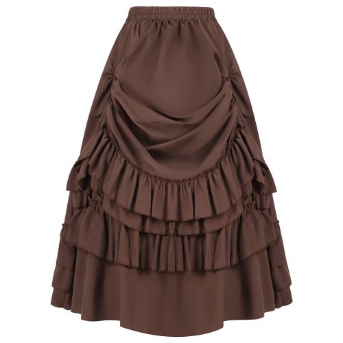 Image of Elegant Brown Ruffled High-Waisted Long Victorian Skirt for Women – Steampunk, Gothic, Vintage & Medieval Costume Party Wear