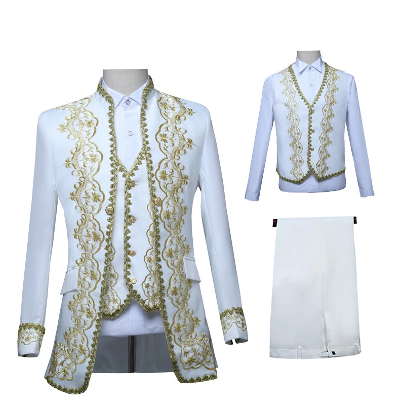 Image of Elegant European-Style Vintage Gold Tuxedo for Men – 3-Piece Black Opera Stage Performance Suit with White Accessories, Available in Sizes S to 4XL