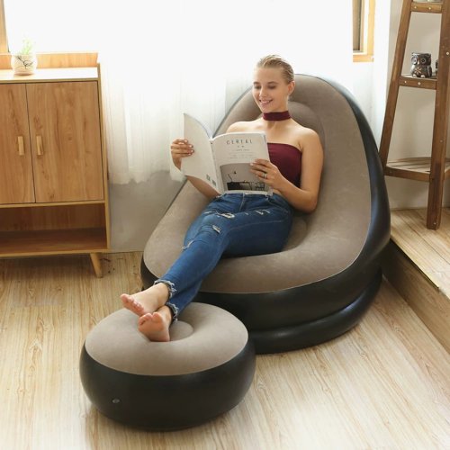 Imagen de Nuevo sofá inflable de felpa para personas perezosas, sofá cama plegable para pies, cómoda silla tumbada para exterio