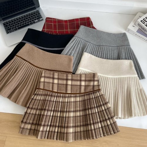 Zdjęcie Elegancka plisowana mini spódnica w kratę z grubą wełną – wysoka talia, zakładka, styl preppy dla kobiet i nastolatek