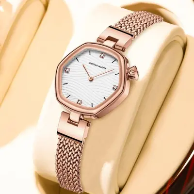 Image de Montre Femme Luxe Acier Inoxydable - Maille Or Rose & Blanc