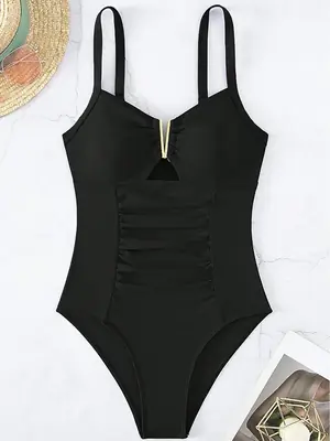 Image de Maillot de bain une pièce plissé col en V coupe haute amincissant