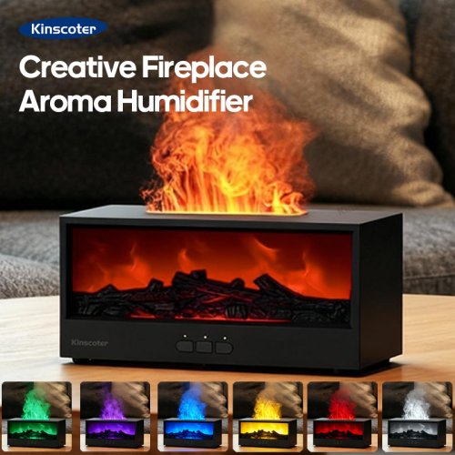 Imagen de Difusor de Aromas con Efecto Chimenea, Humidificador de Aire con Llamas LED Multicolor y Control Remoto – Incluye Juego de Aceites Esenciales Naturales para Hogar, Oficina y Decoración Navideña