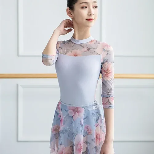 Image of Printed Gymnastic Female Adult Basic Leotard for Girls 3/4 Sleeve Dance Wear Professional Ballet Training Dress