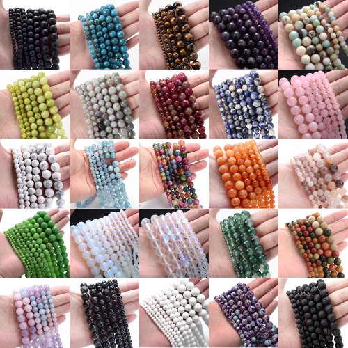 Immagine di Perline Naturali in Pietre Preziose: Lava, Occhio di Tigre, Cristallo, Apatite, Amazzonite, Tormalina – Perline da 4 a 10 mm per Creazioni Artigianali di Collane e Braccialetti Fai da Te