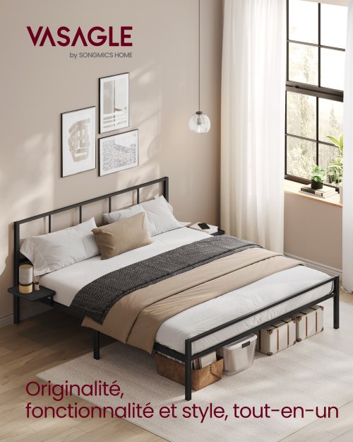 Image of Modern Metal Double Bed Frame with Integrated Storage Shelves and Matt Black Finish – Ideal for 140x190cm or 160x200cm Mattresses