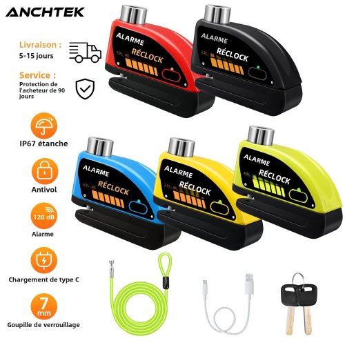 Image of Anchtek Waterproof Motorcycle Disc Brake Lock with 110dB Alarm – Heavy-Duty Anti-Theft Security Wheel Padlock for Motorcycles and Scooters