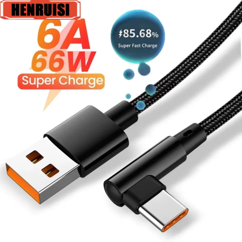 Afbeelding van 6A USB-C Kabel 90 Graden Elleboog Snellaadsnoer voor Samsung, Xiaomi, Huawei, OnePlus en Android Apparaten - 0.25m, 1m, 1.5m, 2m, 3m