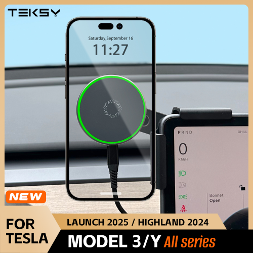 Zdjęcie Uchwyt samochodowy na telefon z szybką ładowarką bezprzewodową 15W, kompatybilny z MagSafe, idealny dla Tesla Model Y (Launch 2026), Model 3, Highland oraz BYD – mocne przyciąganie magnetyczne i stabilna obsługa podczas jazdy