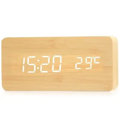 Image de Réveil LED en Bois - Horloge de Table avec Température