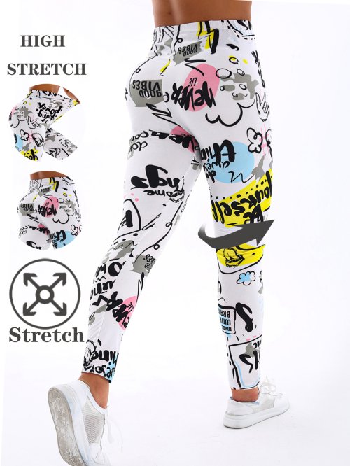 Imagen de Pantalones Pitillo Ajustados para Mujer con Estampado de Letras Blancas y Amarillas, Ideales para Yoga, Fitness y Uso Diario, Alta Elasticidad y Corte de Nueve Puntos