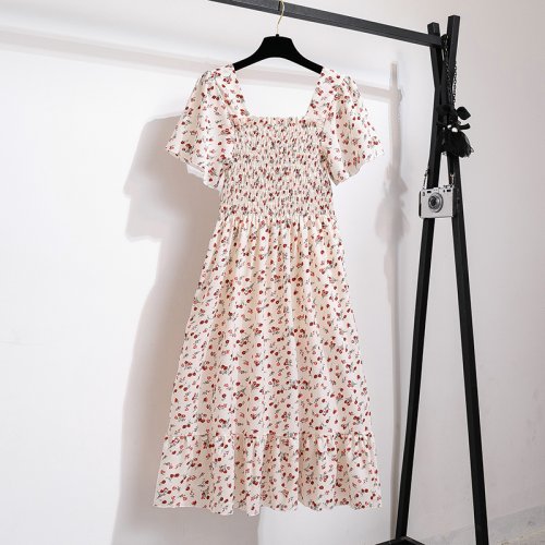 Immagine di Abito Primaverile Estivo in Chiffon Midi da Donna con Stampato Floreale, Senza Schienale, Pieghettato e Vita Elastica a Maniche Corte