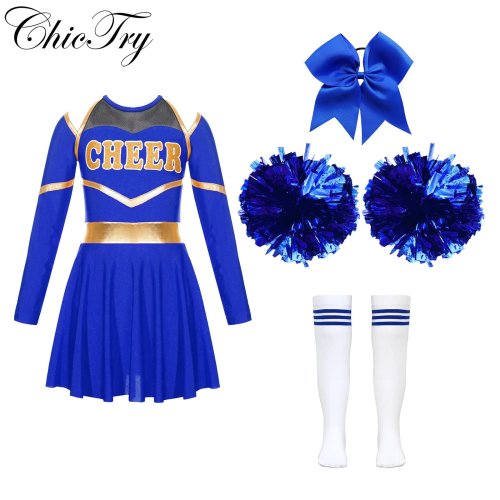 Immagine di Costumi da cheerleader per ragazza Uniforme da ballo Abito da ballo a maniche lunghe con fiori a mano Copricapo Calzini a righe per spettacoli teatrali