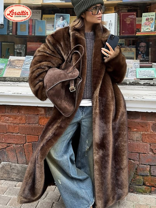 Image de Manteau Fausse Fourrure Marron Col Roulé Femme Hiver