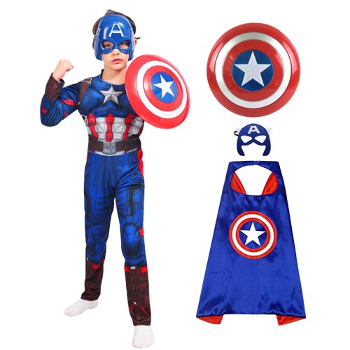 Zdjęcie Kostium Kapitana Ameryki dla Dzieci – Kombinezon z Efektem Mięśni, Tarcza i Peleryna – Przebranie Superbohatera na Halloween i Cosplay