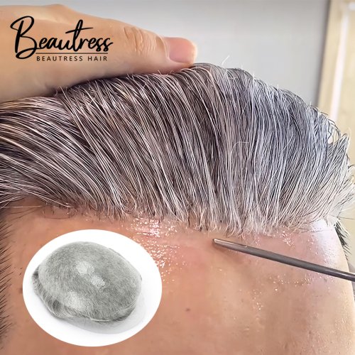 Immagine di Parrucca Maschile Naturale con Capelli Umani Remy Grigio, Linea Sottile V-Loop, Pelle Sottile 0.03 mm - Protesi Capillare Completa per Uomo